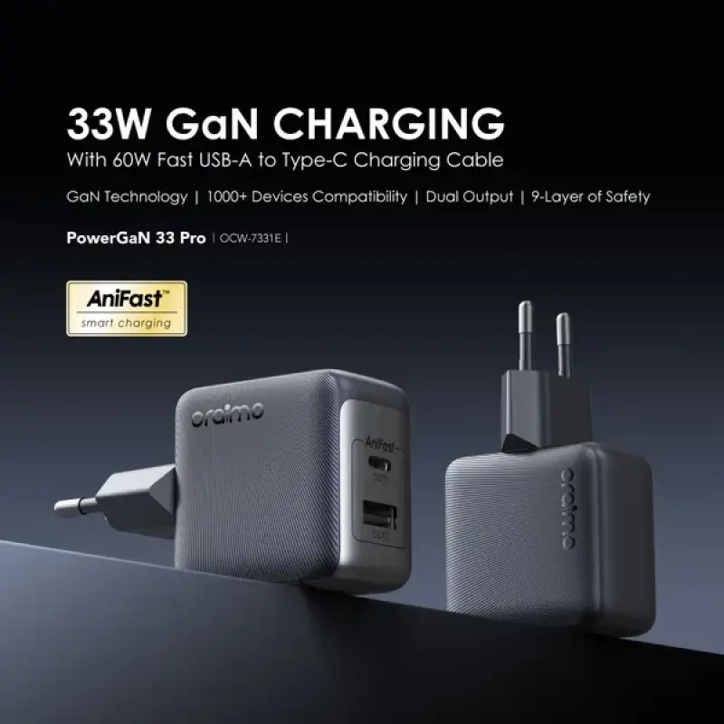 oraimo PowerGaN 33 Pro 33W GaN Wall Charger OCW7331E+C54